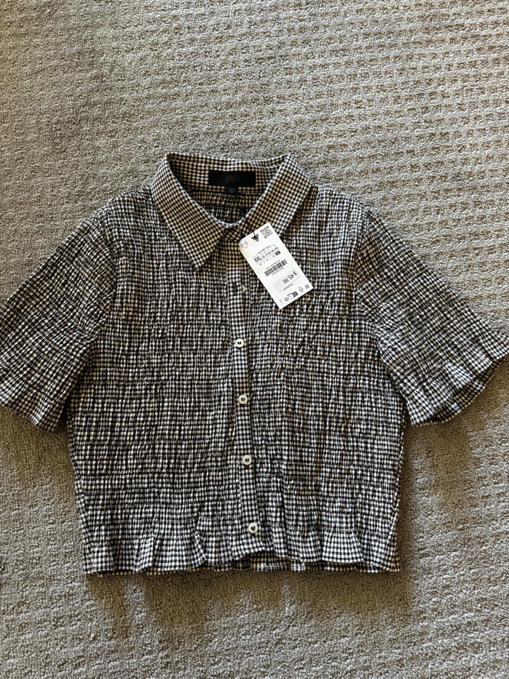 Zara || Cropped Smocked Button-Up Gingham Top